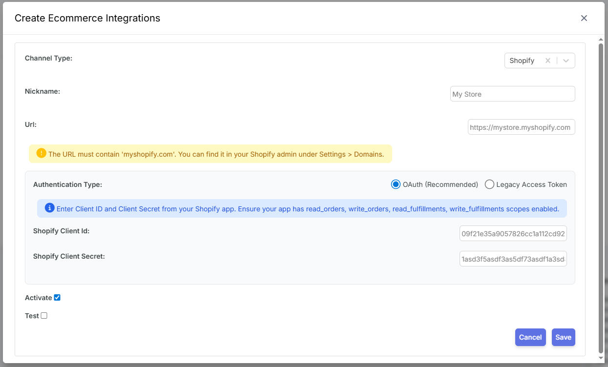 Completed integration form with credentials